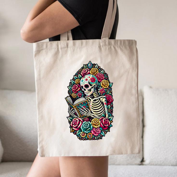 Book Lover Skeleton Reading With Dia De Los Muertos Flowers Canvas Tote Bag