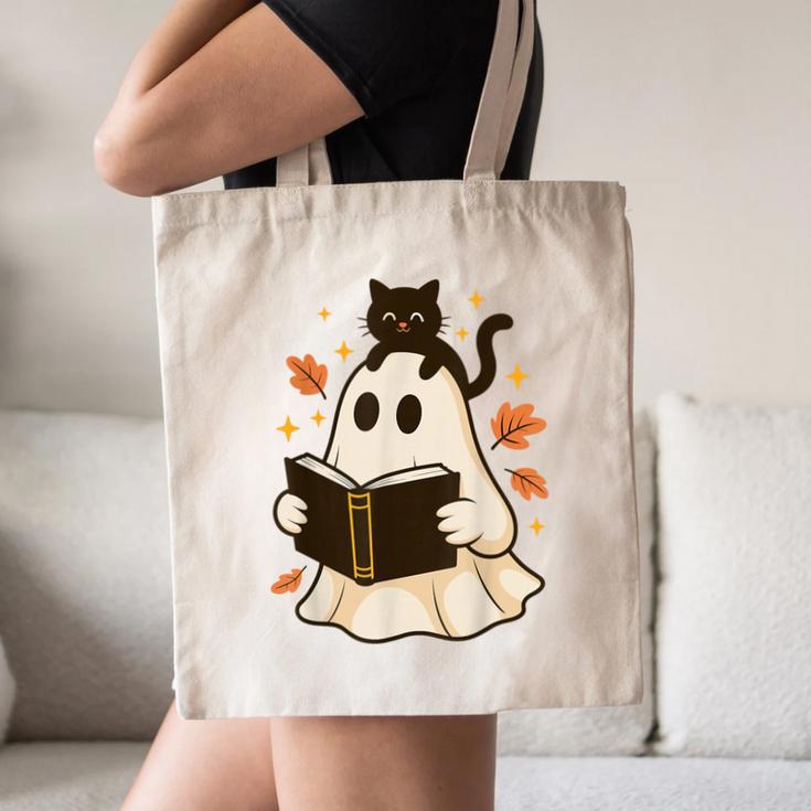 Books Ghost Reading Book Halloween Library Cat Fall Canvas Tote Bag Books Ghost Reading Book Halloween Library Cat Fall Canvas Tote Bag