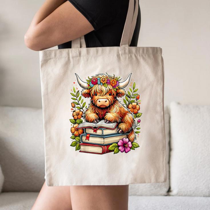 Bookworm Cute Highland Cow Reading Book Canvas Tote Bag