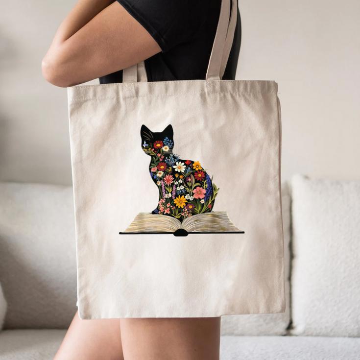 Cat Book Flowers Canvas Tote Bag