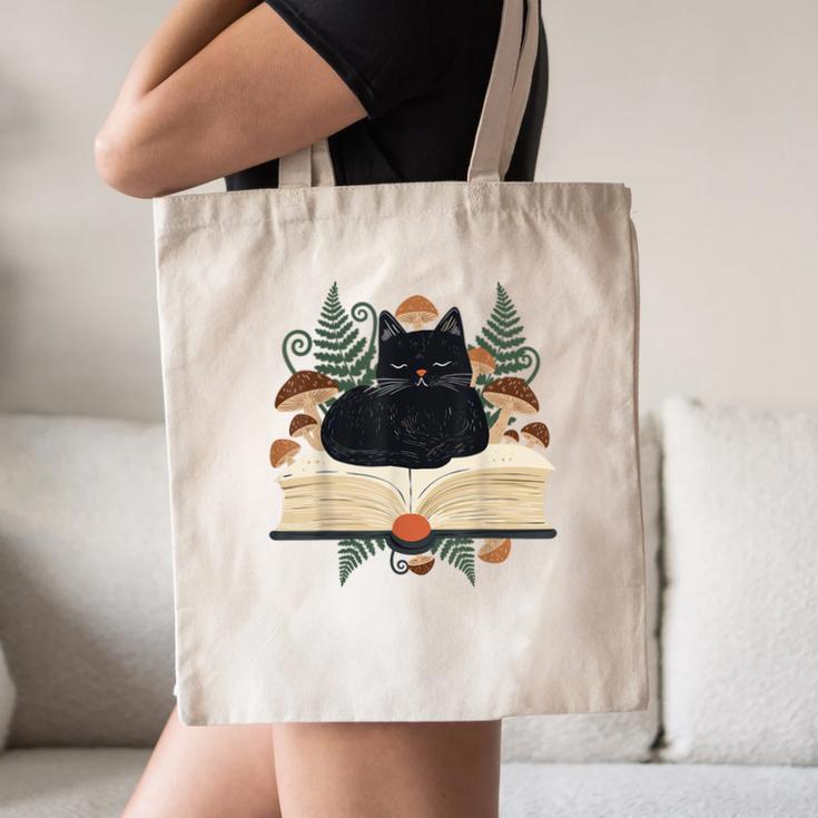 Cat On Open Book Mushrooms Ferns Dark Academia Canvas Tote Bag Cat On Open Book Mushrooms Ferns Dark Academia Canvas Tote Bag