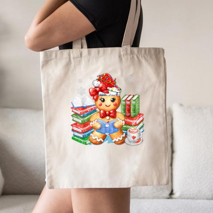 Christmas Gingerbread Man Reading Book Snowflake Teacher Canvas Tote Bag