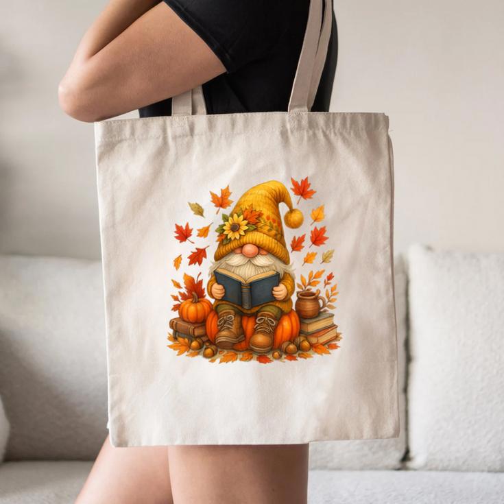 Cute Autumn Gnome Reading Pumpkin Book Lover Canvas Tote Bag