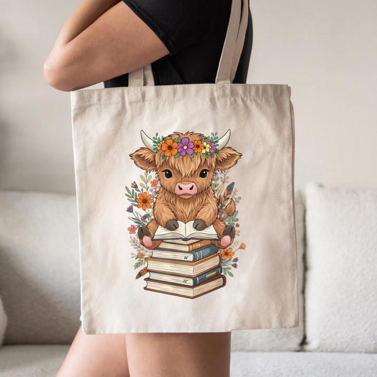 Cute Baby Highland Cow Reading Book Librarian Bookworm Canvas Tote Bag