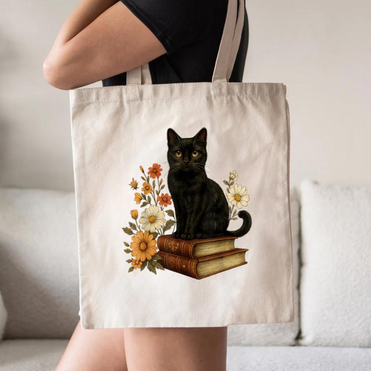 Cute Cat Book Flowers Canvas Tote Bag