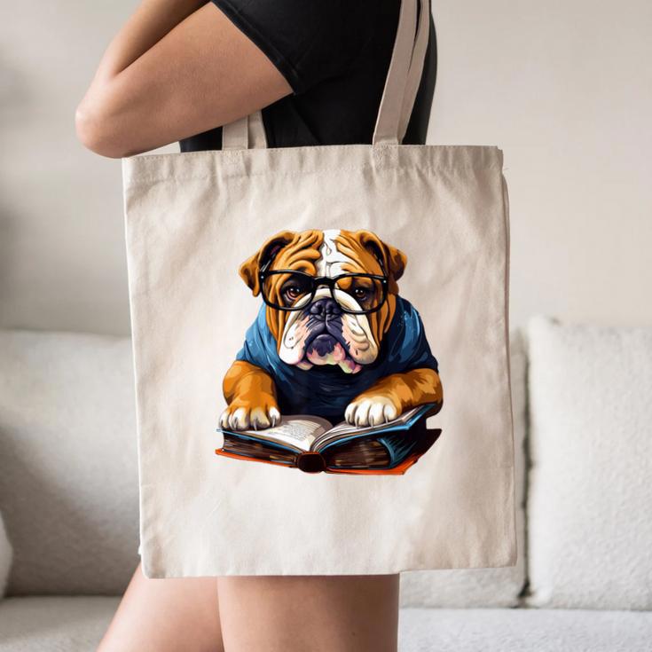 Cute Dog English Bulldog Reading Book Canvas Tote Bag