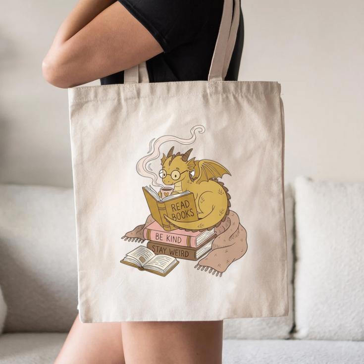 Cute Dragon Be Kind Stay Weird Read Books Canvas Tote Bag
