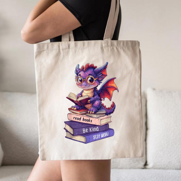 Cute Dragon Read Books Be Kind Stay Weird Book Lover Canvas Tote Bag