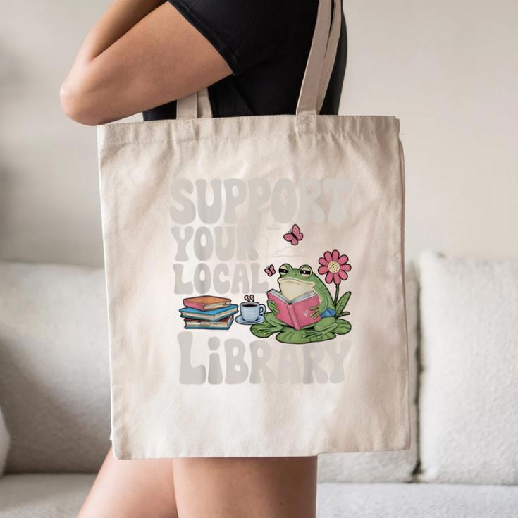 Cute Frog Support Your Local Library Librarian Book Lover Canvas Tote Bag