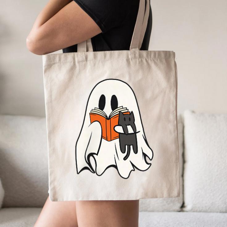 Cute Ghost Cat Reading Book Spooky Season Halloween Costume Canvas Tote Bag