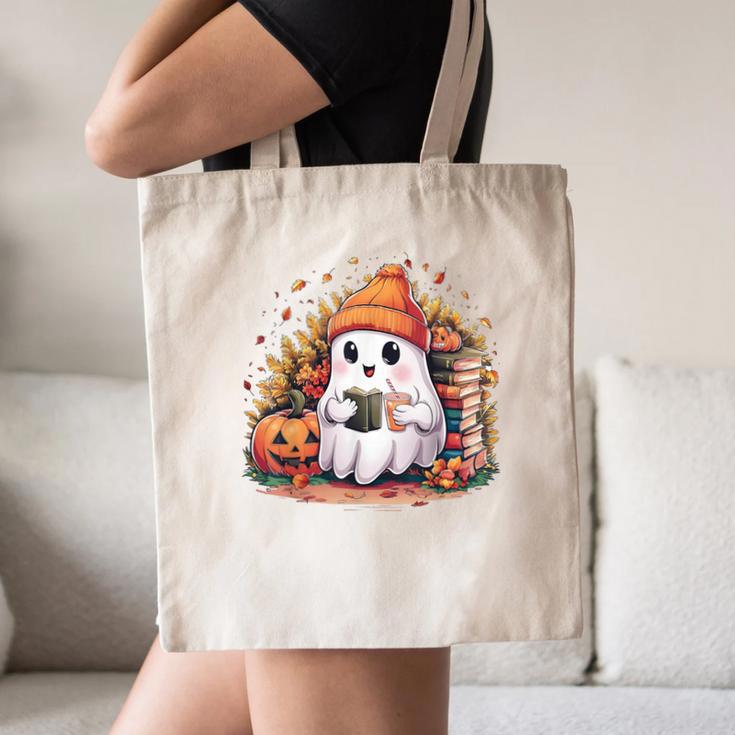 Cute Ghost Drinking Coffee Halloween Reading Book Retro Canvas Tote Bag Cute Ghost Drinking Coffee Halloween Reading Book Retro Canvas Tote Bag