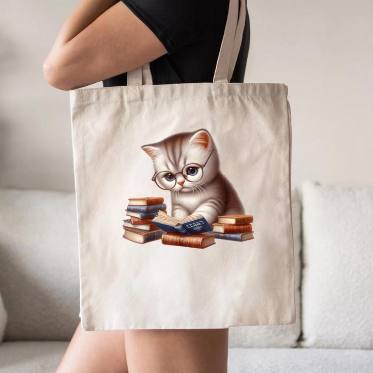 Cute Kitten Bookworm Adorable Cat With Glasses Reading Book Canvas Tote Bag