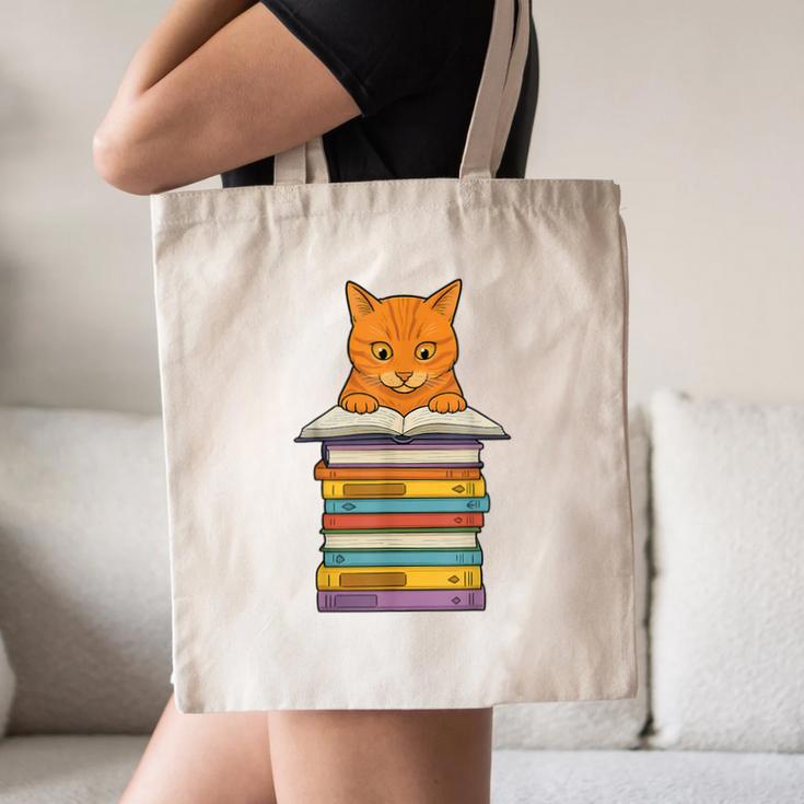 Cute Orange Tabby Cat Reading On Pile Of Books Canvas Tote Bag