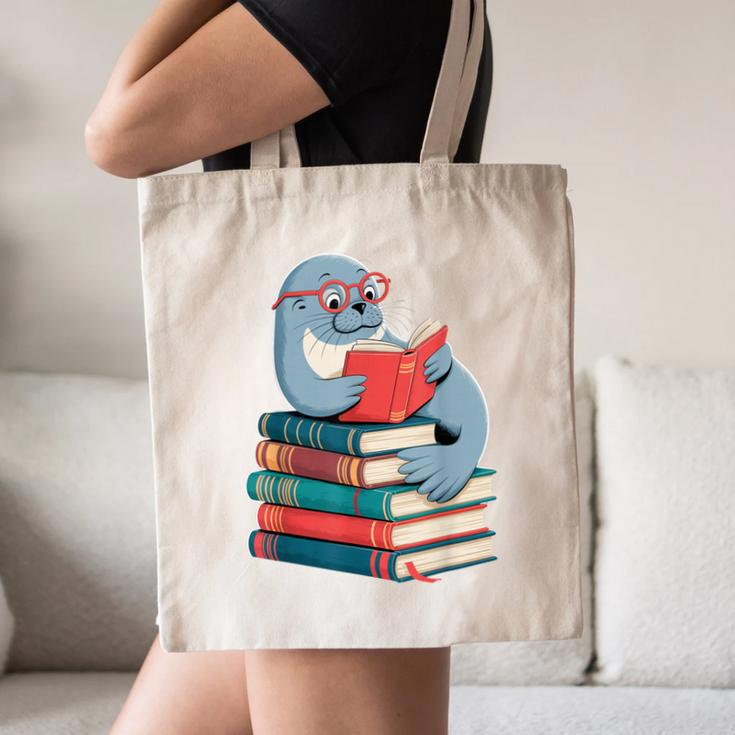 Cute Reading Seal On Books Book Lover Canvas Tote Bag