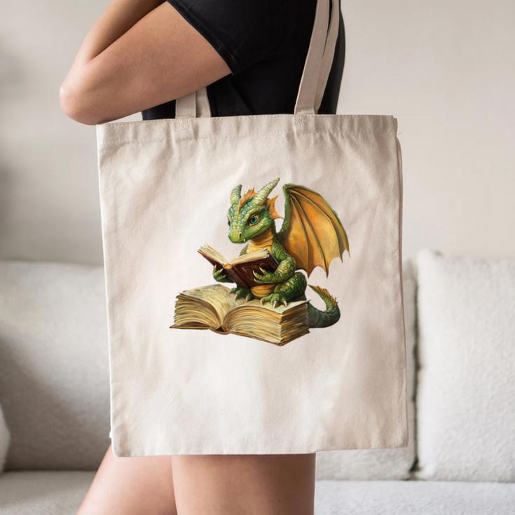 Dragon Bookworm Reading Book Graphic Canvas Tote Bag