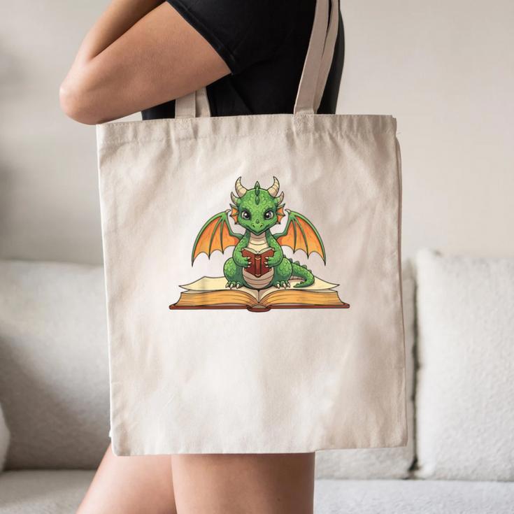 Dragon Reading Book Bookworm Canvas Tote Bag
