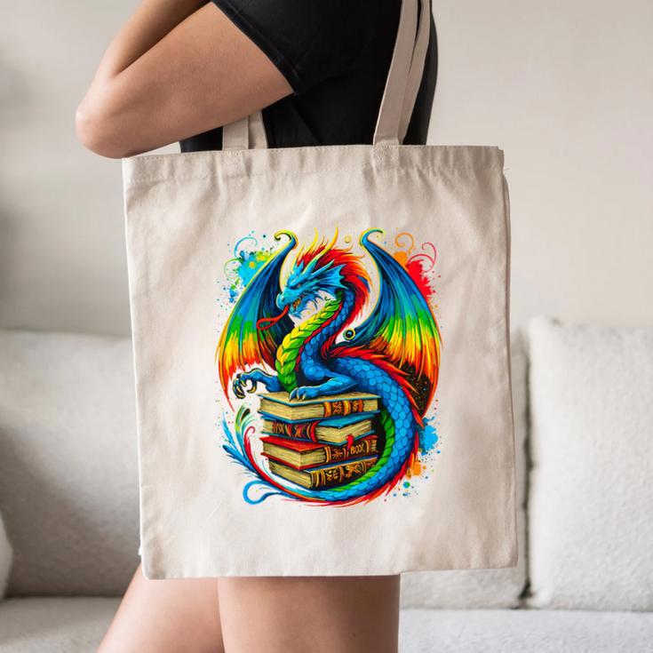 Dragon Reading Colorful Fantasy Book Lover Canvas Tote Bag