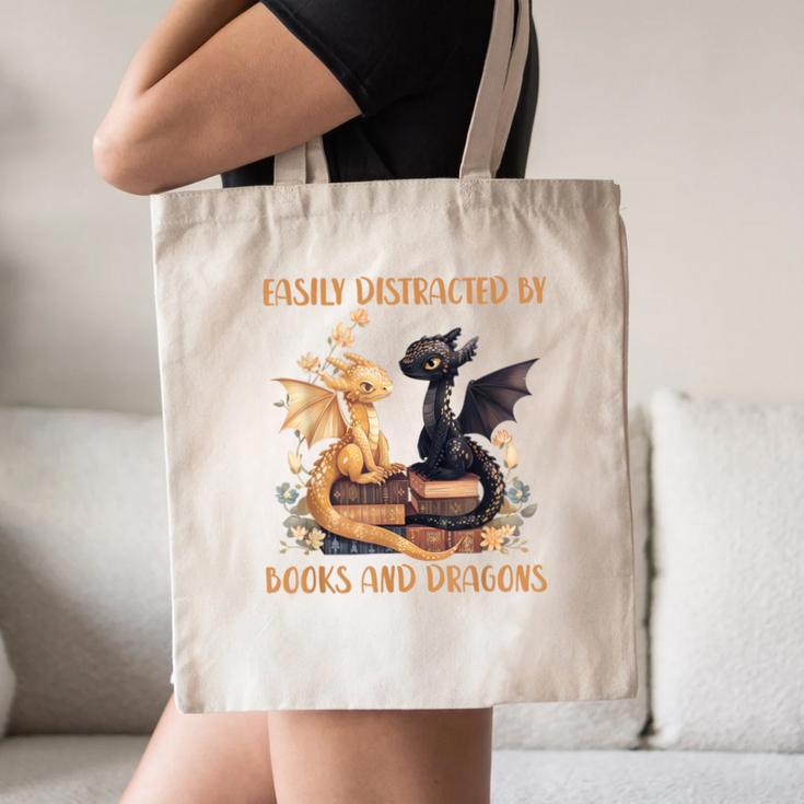 Easily Distracted By Books & Dragons Librarian Book Lover Canvas Tote Bag Easily Distracted By Books & Dragons Librarian Book Lover Canvas Tote Bag