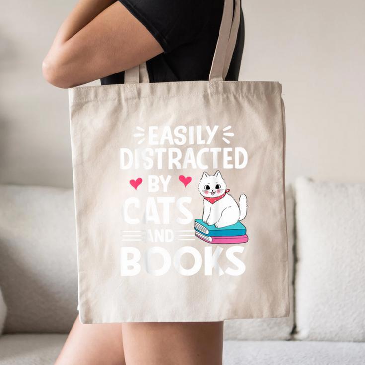 Easily Distracted By Cats And Books Cute Cat And Book Lovers Canvas Tote Bag