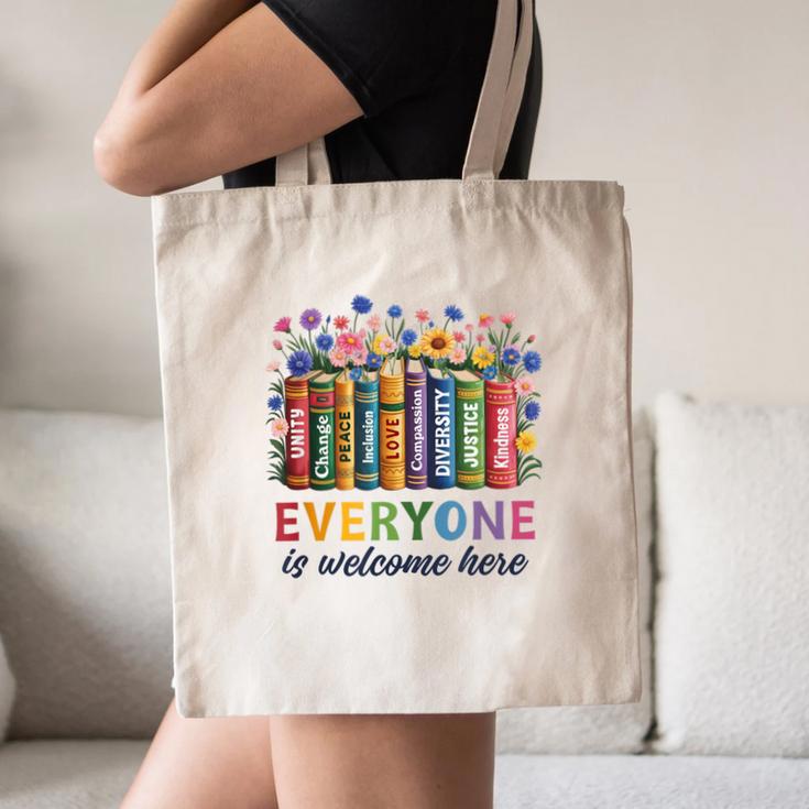 Everyone Is Welcome Here Floral Book LGBT Pride Equality Canvas Tote Bag