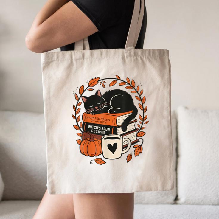Fall Book Teacher Cat Books Halloween Autumn Librarian Canvas Tote Bag