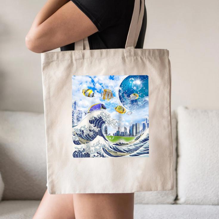 Frutiger Aero Aesthetic Tech Great Wave Of Kanagawa Fishes Raglan Baseball Tee Canvas Tote Bag