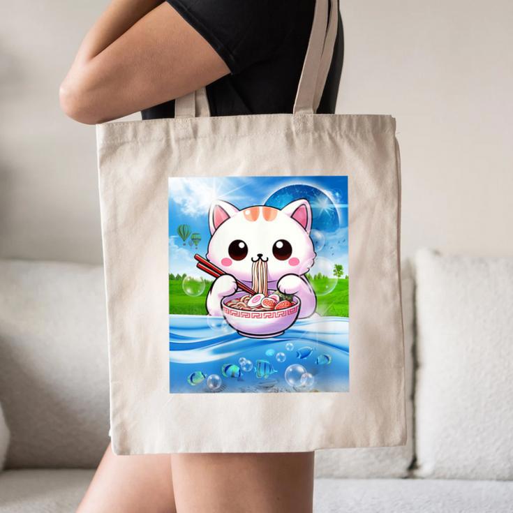 Frutiger Aero Aesthetic Tech Kawaii Ramen Cat Fishes Canvas Tote Bag
