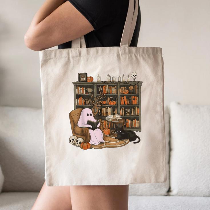 Ghost Reading Book Cat Lover Halloween Reading Enthusiast Canvas Tote Bag