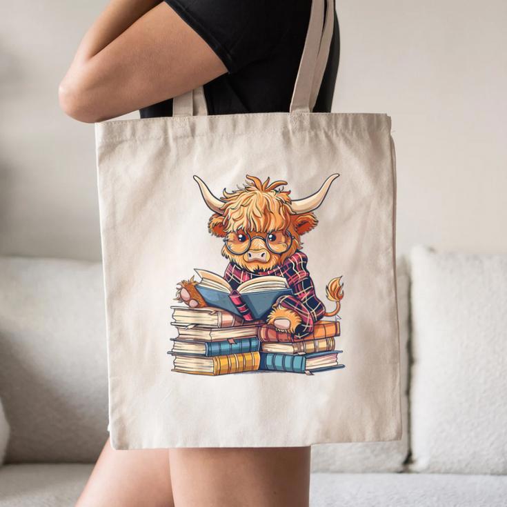Highland Cow Reading Book Librarian Library Canvas Tote Bag