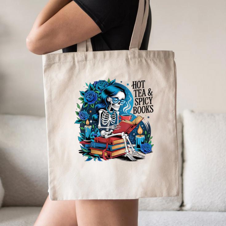 Hot Tea & Spicy Books Skeleton Reader Canvas Tote Bag