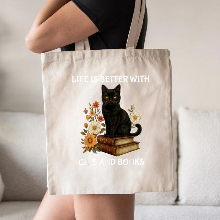 Life Is Better With Cats And Books Cute Cat Lover For Men Women Kids Canvas Tote Bag