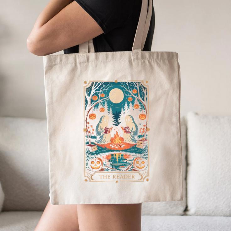 The Reader Bookish Cute Spooky Ghost Reading Book Tarot Card Canvas Tote Bag