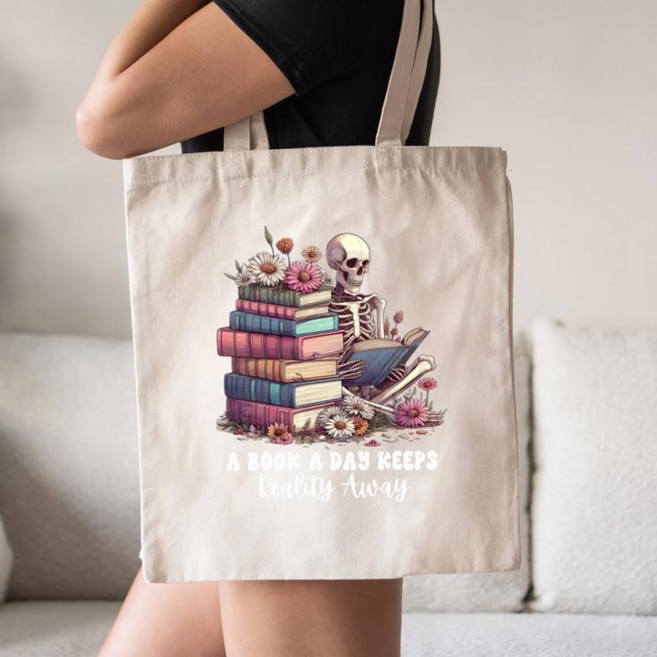 Reading A Book Per Day Keeps Reality Away Skeleton Books Canvas Tote Bag
