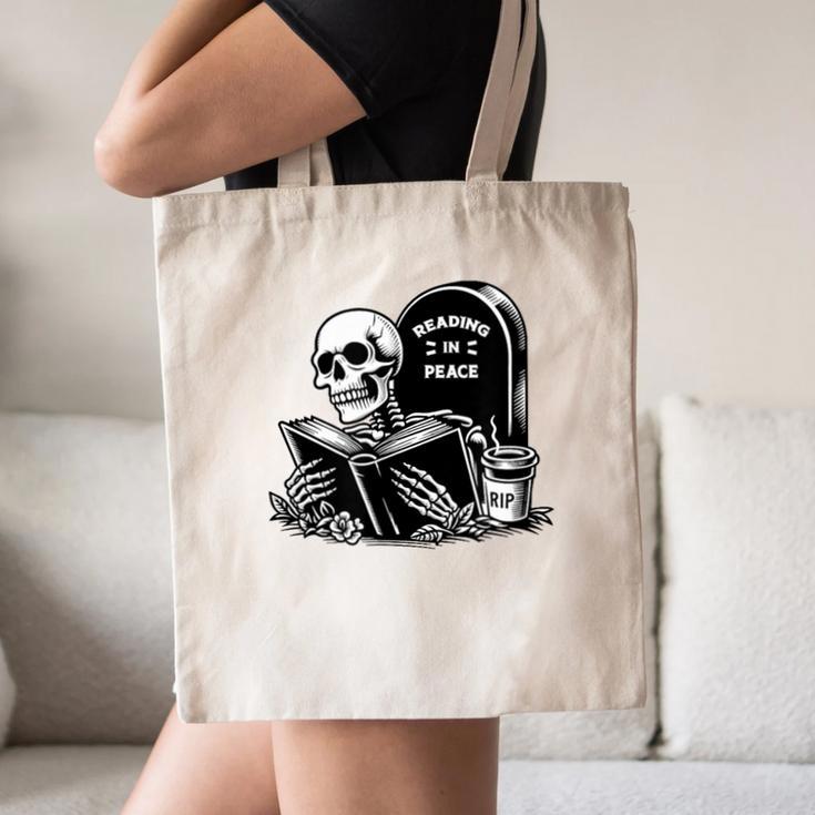 READING IN PEACE RIP Introvert Skeleton Read Book Meme Canvas Tote Bag READING IN PEACE RIP Introvert Skeleton Read Book Meme Canvas Tote Bag