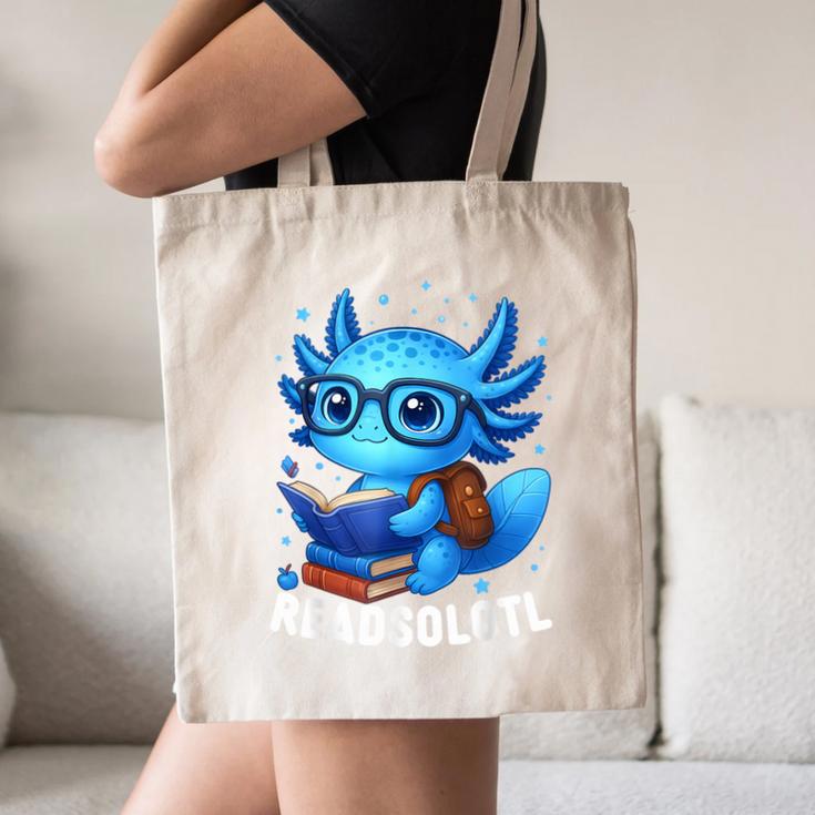 Readsolotl Blue Kawaii Axolotl Book Lover Reading Canvas Tote Bag