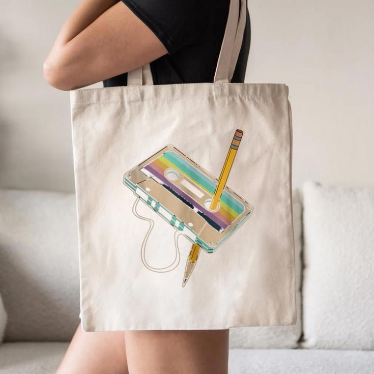 Retro Cassette And Pencil 80s 90s Nostalgia Music Lover Canvas Tote Bag