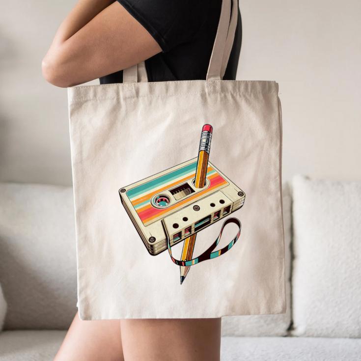 Retro Cassette Tape & Pencil Rewind Nostalgia Party 80s 90s Premium Canvas Tote Bag