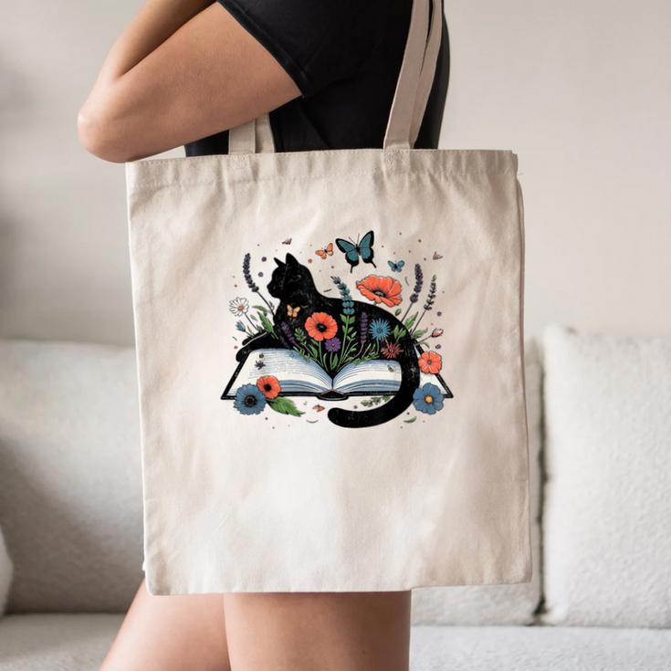 Retro Cute Cat Floral Book Librarian Vintage Floral Cat Book Canvas Tote Bag