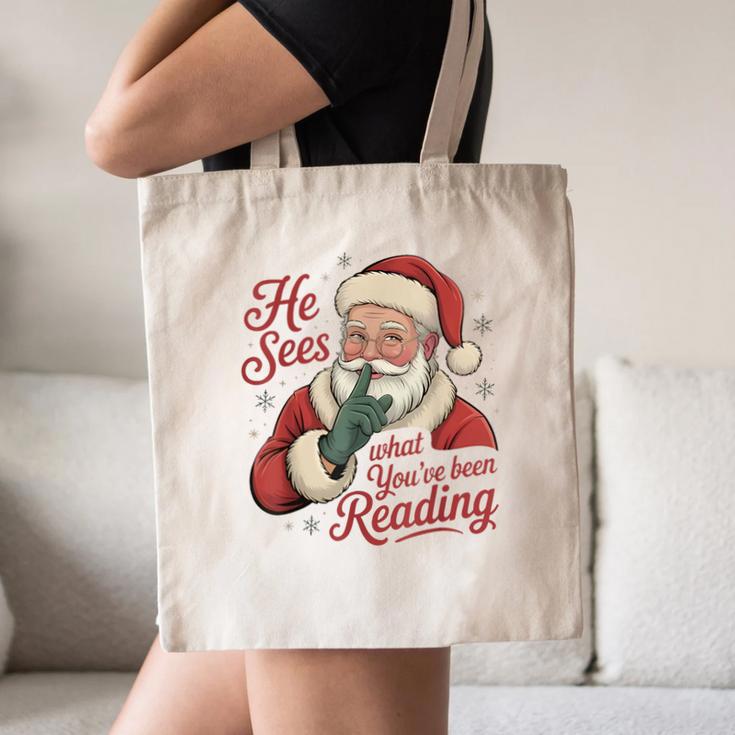 He Sees What You'Ve Been Reading Bookish Christmas Humor Canvas Tote Bag