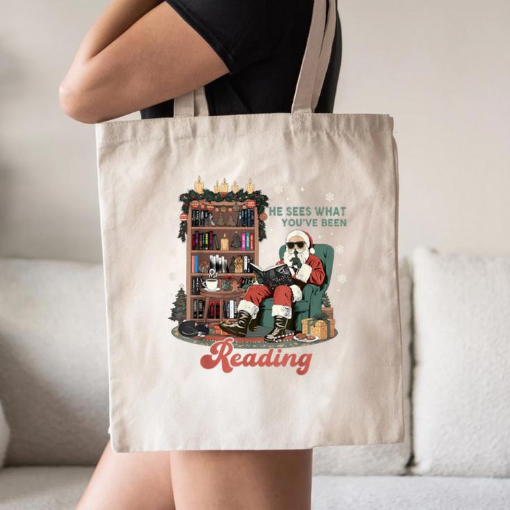 He Sees What You'Ve Been Reading Santa Christmas Bookish Canvas Tote Bag