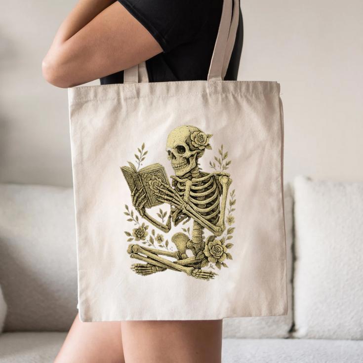 Skeleton Book Floral Skull Halloween Teacher Costume Canvas Tote Bag