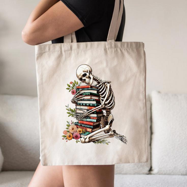 Skeleton Reading Book Halloween Bookworm Bibliophile Reader Canvas Tote Bag