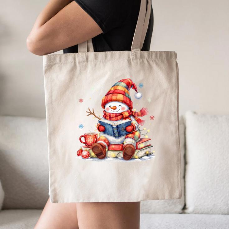 Snowman Reading Books Lovers Christmas Librarian Bookworm Canvas Tote Bag