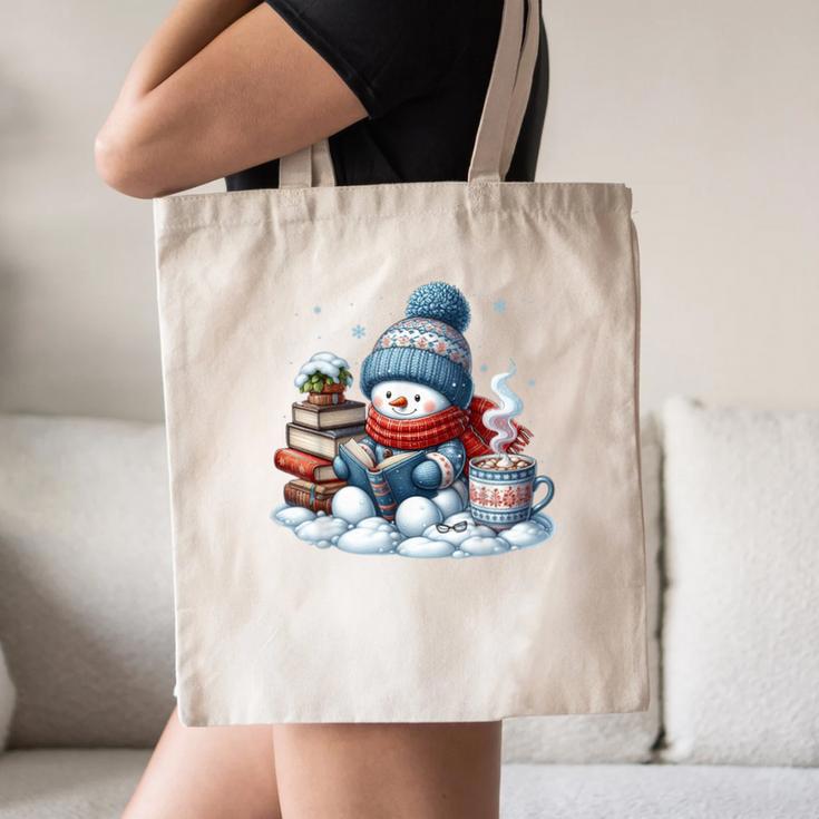 Snowman Reading Books Lovers Librarian Bookworm Christmas Canvas Tote Bag