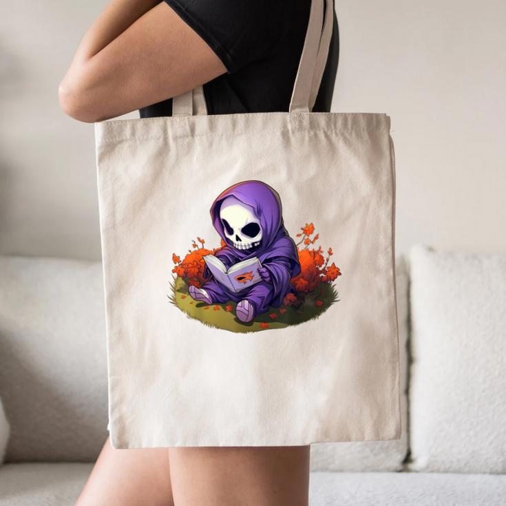 Spooky Grim Reaper Reading A Book Cute Creepy Halloween Canvas Tote Bag