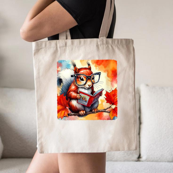 Squirrel Reading Comic Book On Autumn Branch Glasses Leaves Canvas Tote Bag