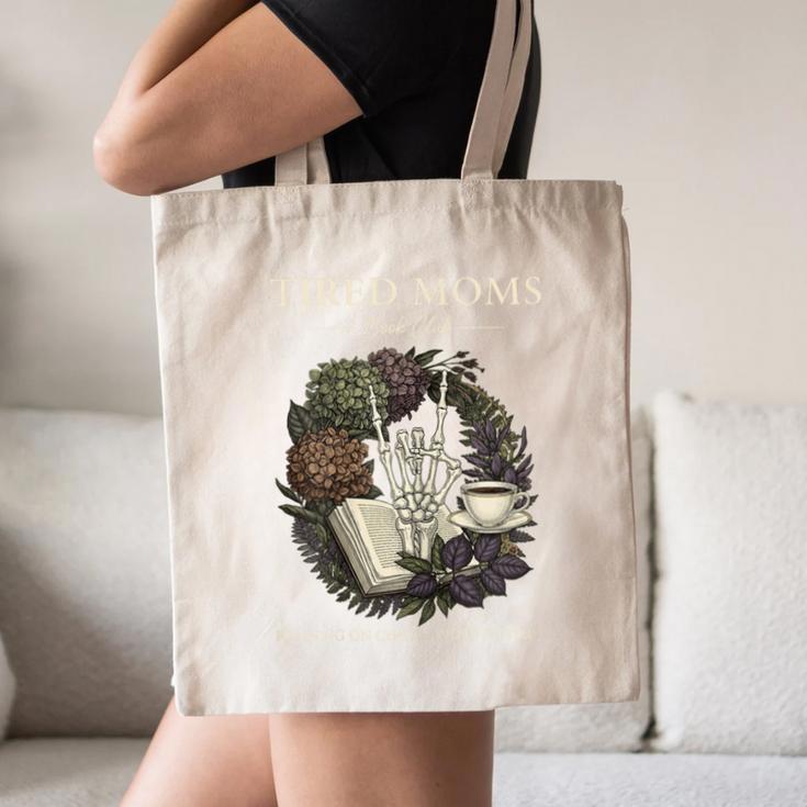 Tired Moms Book Club Dark Floral Coffee Skeleton Canvas Tote Bag