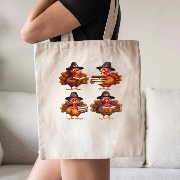 Turkey Reading Books Shirt Thanksgiving Turkey Bookworm Canvas Tote Bag