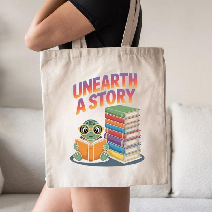 Unearth A Story Cute Turtle Reading Books Librarian Canvas Tote Bag