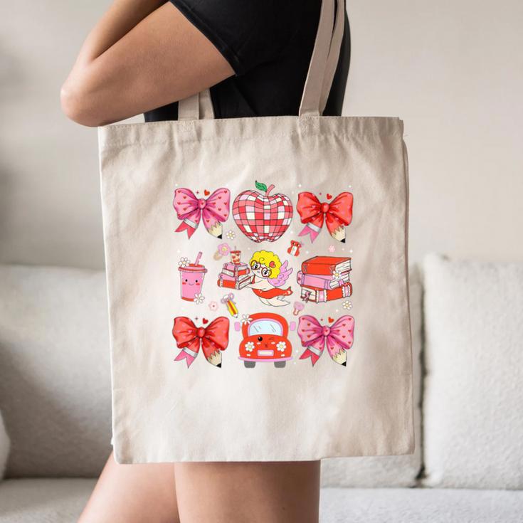 Valentine Cupid Coquette Pink Bow Apple Books Teacher Canvas Tote Bag